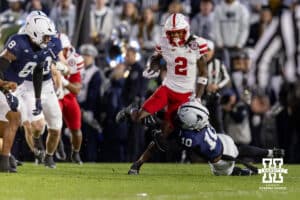 Nebraska Cornhusker wide receiver Jacory Barney Jr. (2) return the opening kick off for 28 yards to the 29 yardline against the Penn State Nittany Lions during a college football game on Saturday, Nov. 22, 2025, in State College, PA. Photo by John S. Peterson.