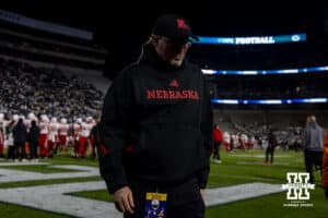 Nebraska Cornhuskers offensive coordinator Dana Holgorsen heads to the locker room after warm ups during a college football game against the Penn State Nittany Lions on Saturday, Nov. 22, 2025, in State College, PA. Photo by John S. Peterson.