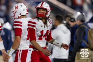 Nebraska Cornhusker quarterback TJ Lateef (14) warming up for the college football game against the Penn State Nittany Lions on Saturday, Nov. 22, 2025, in State College, PA. Photo by John S. Peterson.