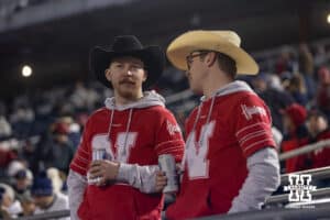 Nebraska Cornhusker fans watching warm-ups during a college football game against the Penn State Nittany Lions on Saturday, Nov. 22, 2025, in State College, PA. Photo by John S. Peterson.