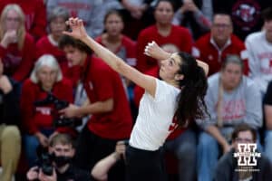 Nebraska Cornhusker opposite Virginia Adriano (9) gets ready to spike the ball against the Iowa Hawkeyes in the third set during a college volleyball match on Thursday, Nov. 20, 2025, in Lincoln, Nebraska. Photo by John S. Peterson.