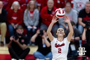 Nebraska Cornhusker setter Bergen Reilly (2) sets the ball in the third set against the Iowa Hawkeyes during a college volleyball match on Thursday, Nov. 20, 2025, in Lincoln, Nebraska. Photo by John S. Peterson.