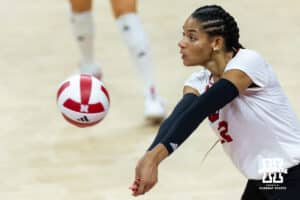 Nebraska Cornhusker outside hitter Taylor Landfair (12) passes the ball against the Iowa Hawkeyes during a college volleyball match on Thursday, Nov. 20, 2025, in Lincoln, Nebraska. Photo by John S. Peterson.