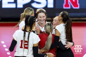 Nebraska Cornhuskers celebrates a kill from Bergen Reilly in the second set against the Iowa Hawkeyes during a college volleyball match on Thursday, Nov. 20, 2025, in Lincoln, Nebraska. Photo by John S. Peterson.