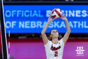 Nebraska Cornhusker setter Bergen Reilly (2) sets the ball in the second set against the Iowa Hawkeyes during a college volleyball match on Thursday, Nov. 20, 2025, in Lincoln, Nebraska. Photo by John S. Peterson.