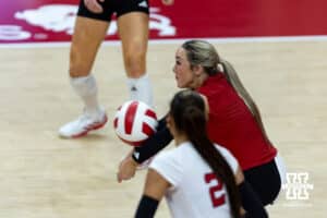 Nebraska Cornhusker libero Laney Choboy (6) makes a pass against the Iowa Hawkeyes in the second set during a college volleyball match on Thursday, Nov. 20, 2025, in Lincoln, Nebraska. Photo by John S. Peterson.