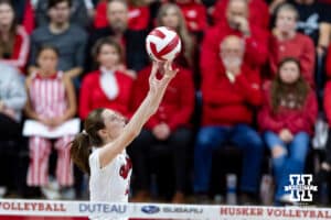 Nebraska Cornhusker setter Bergen Reilly (2) sets the ball against the Iowa Hawkeyes in the second set during a college volleyball match on Thursday, Nov. 20, 2025, in Lincoln, Nebraska. Photo by John S. Peterson.