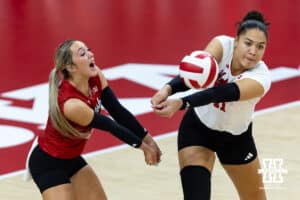 Nebraska Cornhusker outside hitter Teraya Sigler (11) passes the ball against the Iowa Hawkeyes in the first set during a college volleyball match on Thursday, Nov. 20, 2025, in Lincoln, Nebraska. Photo by John S. Peterson.