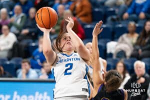 Creighton Bluejay Kennedy Townsend (2) looks to tie the game during a basketball game against Northern Iowa on Thursday, Nov 20, 2025, in Omaha, Nebraska. Photo by Brandon Tiedemann.