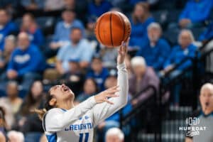 Creighton Bluejay Kiani Lockett (11) gets fouled during a basketball game against Northern Iowa on Thursday, Nov 20, 2025, in Omaha, Nebraska. Photo by Brandon Tiedemann.