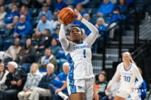 Creighton Bluejay Kendall McGee (1) shoots a layup during a basketball game against Northern Iowa on Thursday, Nov 20, 2025, in Omaha, Nebraska. Photo by Brandon Tiedemann.