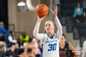 Creighton Bluejay Norah Gessert (30) shoots a free throw during a basketball game against Northern Iowa on Thursday, Nov 20, 2025, in Omaha, Nebraska. Photo by Brandon Tiedemann.