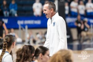 Creighton Bluejay head coach Jim Flanery talks to his staff during a basketball game against Northern Iowa on Thursday, Nov 20, 2025, in Omaha, Nebraska. Photo by Brandon Tiedemann.