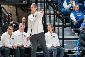 Creighton Bluejay head coach Jim Flanery points at a player during a basketball game against Northern Iowa on Thursday, Nov 20, 2025, in Omaha, Nebraska. Photo by Brandon Tiedemann.