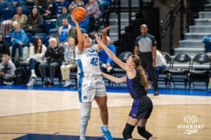 Creighton Bluejay Grace Boffeli (42) shoots over a defender during a basketball game against Northern Iowa on Thursday, Nov 20, 2025, in Omaha, Nebraska. Photo by Brandon Tiedemann.