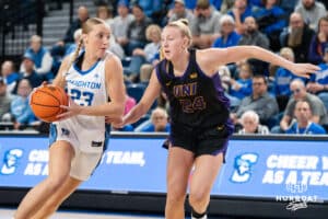Creighton Bluejay Neleigh Gessert (23) looks to get to the hoop during a basketball game against Northern Iowa on Thursday, Nov 20, 2025, in Omaha, Nebraska. Photo by Brandon Tiedemann.