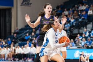 Creighton Bluejay Kiani Lockett (11) draws a foul during a basketball game against Northern Iowa on Thursday, Nov 20, 2025, in Omaha, Nebraska. Photo by Brandon Tiedemann.