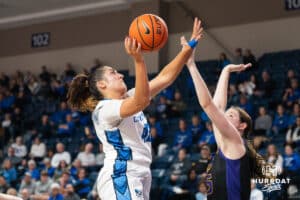 Creighton Bluejay Grace Boffeli (42) shoots over a defender during a basketball game against Northern Iowa on Thursday, Nov 20, 2025, in Omaha, Nebraska. Photo by Brandon Tiedemann.
