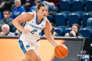 Creighton Bluejay Kennedy Townsend (2) gets past a Norther Iowa defender during a basketball game against Northern Iowa on Thursday, Nov 20, 2025, in Omaha, Nebraska. Photo by Brandon Tiedemann.