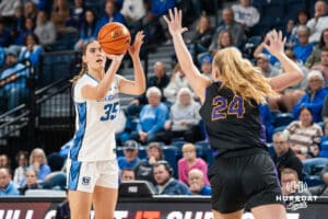 Creighton Bluejay Elizabeth Gentry (35) shoots a three pointer during a basketball game against Northern Iowa on Thursday, Nov 20, 2025, in Omaha, Nebraska. Photo by Brandon Tiedemann.