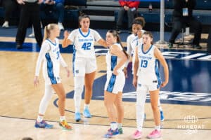 Creighton Bluejays huddle during a basketball game against Northern Iowa on Thursday, Nov 20, 2025, in Omaha, Nebraska. Photo by Brandon Tiedemann.