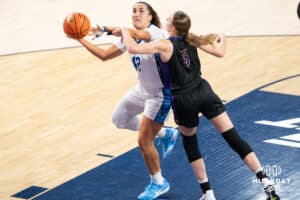 Creighton Bluejay Grace Boffeli (42) looks to score during a basketball game against Northern Iowa on Thursday, Nov 20, 2025, in Omaha, Nebraska. Photo by Brandon Tiedemann.