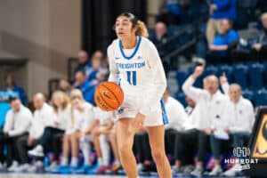 Creighton Bluejay Kiani Lockett (11) listens to a play call during a basketball game against Northern Iowa on Thursday, Nov 20, 2025, in Omaha, Nebraska. Photo by Brandon Tiedemann.