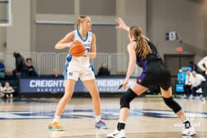 Creighton Bluejay Neleigh Gessert (23) looks to pass during a basketball game against Northern Iowa on Thursday, Nov 20, 2025, in Omaha, Nebraska. Photo by Brandon Tiedemann.