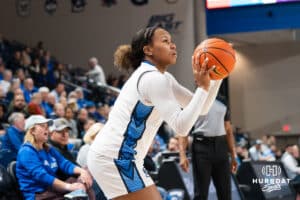 Creighton Bluejay Kendall McGee (1) prepares to shoot during a basketball game against Northern Iowa on Thursday, Nov 20, 2025, in Omaha, Nebraska. Photo by Brandon Tiedemann.