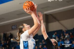 Creighton Bluejay Elizabeth Gentry (35) shoots a layup during a basketball game against Northern Iowa on Thursday, Nov 20, 2025, in Omaha, Nebraska. Photo by Brandon Tiedemann.