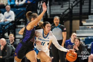 Creighton Bluejay Kiani Lockett (11) drives to the hoop during a basketball game against Northern Iowa on Thursday, Nov 20, 2025, in Omaha, Nebraska. Photo by Brandon Tiedemann.
