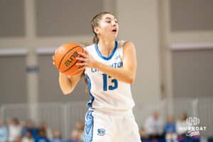 Creighton Bluejay Allison Heathcock (13) looks to pass during a basketball game against Northern Iowa on Thursday, Nov 20, 2025, in Omaha, Nebraska. Photo by Brandon Tiedemann.