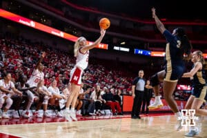 Nebraska Cornhusker guard Britt Prince (23) makes a three-point shot against the Oral Roberts Golden Eagles in the third quarter during a college basketball game on Wednesday, Nov. 19, 2025, in Lincoln, Nebraska. Photo by John S. Peterson.