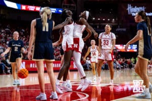 Nebraska Cornhusker forward Eliza Maupin (21) and guard Hailey Weaver (1) celebrate against the Oral Roberts Golden Eagles in the second quarter during a college basketball game on Wednesday, Nov. 19, 2025, in Lincoln, Nebraska. Photo by John S. Peterson.