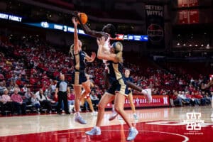 Nebraska Cornhusker forward Eliza Maupin (21) grabs the rebound against the Oral Roberts Golden Eagles in the second quarter during a college basketball game on Wednesday, Nov. 19, 2025, in Lincoln, Nebraska. Photo by John S. Peterson.