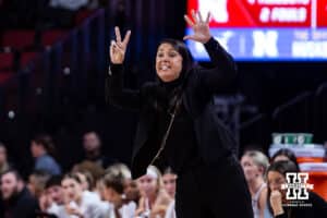 Nebraska Cornhusker head coach Amy Williams gives a signal against the Oral Roberts Golden Eagles during a college basketball game on Wednesday, Nov. 19, 2025, in Lincoln, Nebraska. Photo by John S. Peterson.