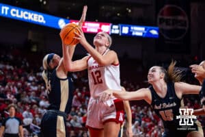 Nebraska Cornhusker forward Jessica Petrie (12) makes a lay up against the Oral Roberts Golden Eagles during a college basketball game on Wednesday, Nov. 19, 2025, in Lincoln, Nebraska. Photo by John S. Peterson.