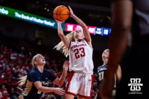 Nebraska Cornhusker guard Britt Prince (23) makes a lay up against the Oral Roberts Golden Eagles in the second quarter during a college basketball game on Wednesday, Nov. 19, 2025, in Lincoln, Nebraska. Photo by John S. Peterson.
