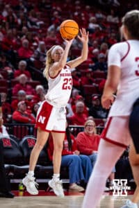 Nebraska Cornhusker guard Britt Prince (23) makes a three-point shot against the Oral Roberts Golden Eagles in the second quarter during a college basketball game on Wednesday, Nov. 19, 2025, in Lincoln, Nebraska. Photo by John S. Peterson.