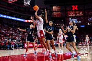 Nebraska Cornhusker forward Amiah Hargrove (33) makes a lay up against the Oral Roberts Golden Eagles during a college basketball game on Wednesday, Nov. 19, 2025, in Lincoln, Nebraska. Photo by John S. Peterson.