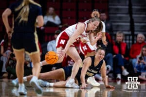 Nebraska Cornhusker guard Claire Johnson (5) and Oral Roberts Golden Eagle forward Alana Shetlar (15) go after the ball during a college basketball game on Wednesday, Nov. 19, 2025, in Lincoln, Nebraska. Photo by John S. Peterson.