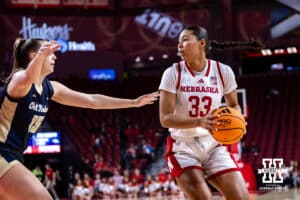 Nebraska Cornhusker forward Amiah Hargrove (33) looks for the opening against Oral Roberts Golden Eagle forward Alana Shetlar (15) in the first quarter during a college basketball game on Wednesday, Nov. 19, 2025, in Lincoln, Nebraska. Photo by John S. Peterson.