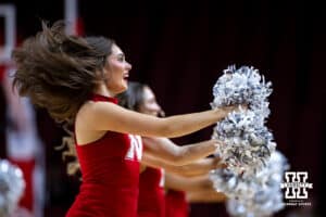 Nebraska Cornhusker Scarlets dance team performs at a break in the action during a college basketball game against the Oral Roberts Golden Eagles on Wednesday, Nov.19, 2025, in Lincoln, Nebraska. Photo by John S. Peterson.