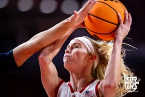 Nebraska Cornhusker guard Britt Prince (23) makes a lay up against the Oral Roberts Golden Eagles in the first quarter during a college basketball game on Wednesday, Nov. 19, 2025, in Lincoln, Nebraska. Photo by John S. Peterson.