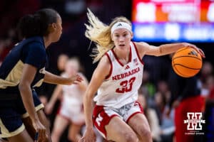Nebraska Cornhusker guard Britt Prince (23) dribbles the ball against the Oral Roberts Golden Eagles in the first quarter during a college basketball game on Wednesday, Nov. 19, 2025, in Lincoln, Nebraska. Photo by John S. Peterson.