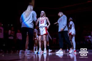 Nebraska Cornhusker guard Britt Prince (23) is introduced to the fans to take on the Oral Roberts Golden Eagles during a college basketball game on Wednesday, Nov. 19, 2025, in Lincoln, Nebraska. Photo by John S. Peterson.