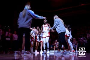 Nebraska Cornhusker guard Hailey Weaver (1) is introduced to the fans against the Oral Roberts Golden Eagles during a college basketball game on Wednesday, Nov. 19, 2025, in Lincoln, Nebraska. Photo by John S. Peterson.