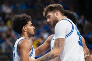 Creighton Bluejays Nik Graves (5) talks with Owen Freeman (32) during a basketball game against North Dakota on Wednesday, Nov 19, 2025, in Omaha, Nebraska. Photo by Brandon Tiedemann.