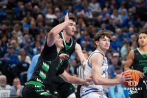 Creighton Bluejay Hudson Greer (10) reacts to a traveling call during a basketball game against North Dakota on Wednesday, Nov 19, 2025, in Omaha, Nebraska. Photo by Brandon Tiedemann.