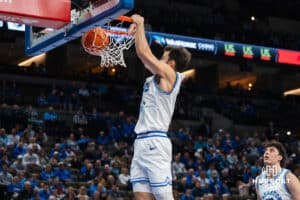 Creighton Bluejay Fedor Žugić (7) dunks during a basketball game against North Dakota on Wednesday, Nov 19, 2025, in Omaha, Nebraska. Photo by Brandon Tiedemann.